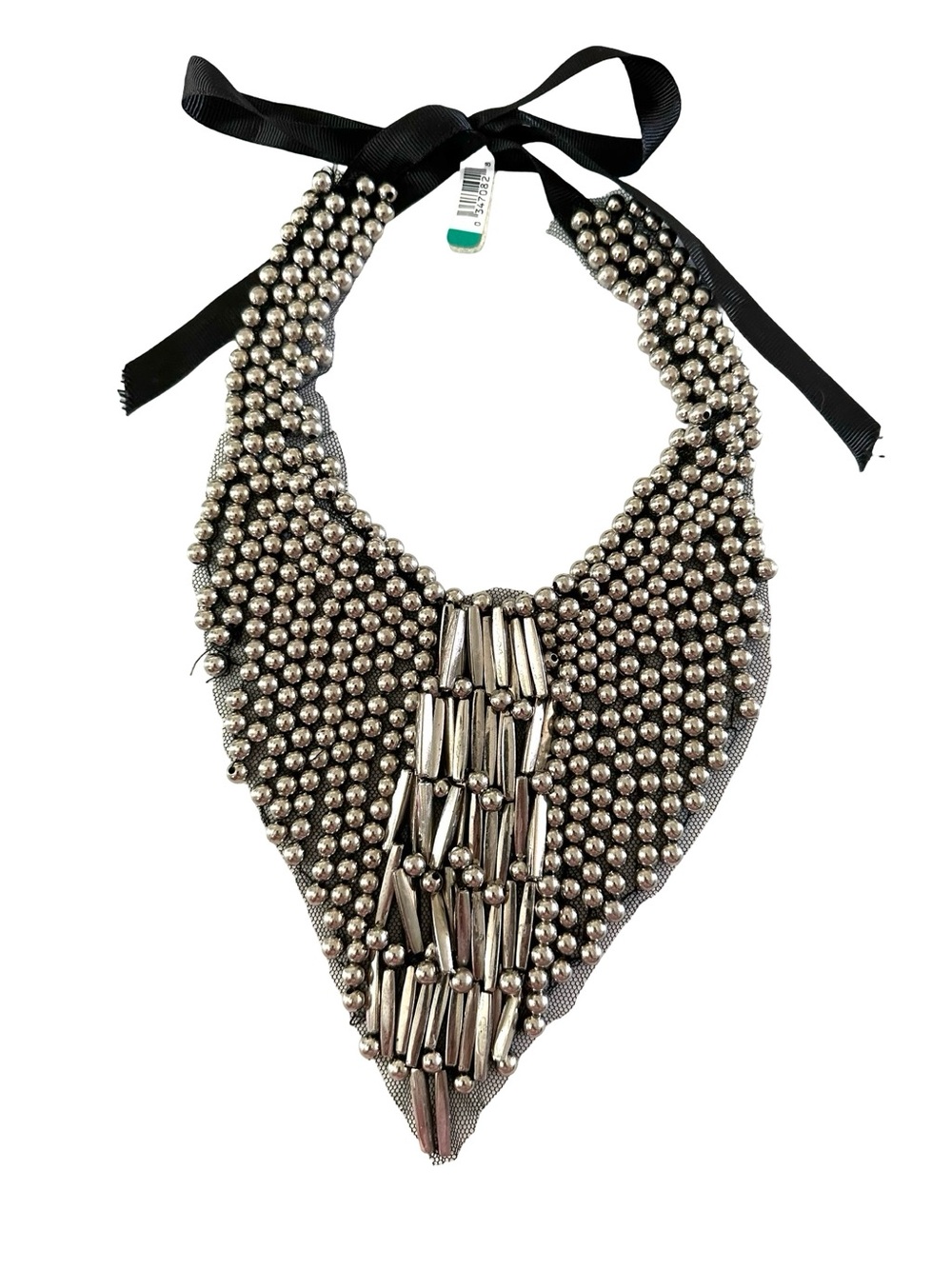 Handmade Beaded Bib Necklace with Ribbon Tie in Silver